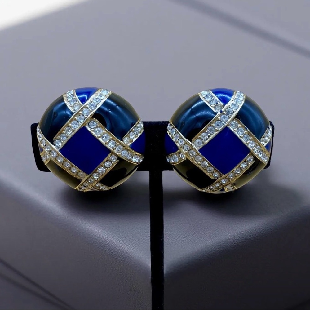 Vintage Signed Ciner Elegant Blue Enamel and Crystal Dome Clip-On Earrings